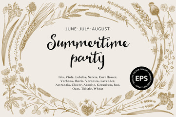 Fototapeta premium Summertime party. Floral horizontal card. Flowers and plants of fields and forests. Vector vintage botanical illustration. Gold, black and white
