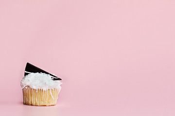 Pretty coconut frosted cupcake decorated with a wedge of chocolate against a pink background.
