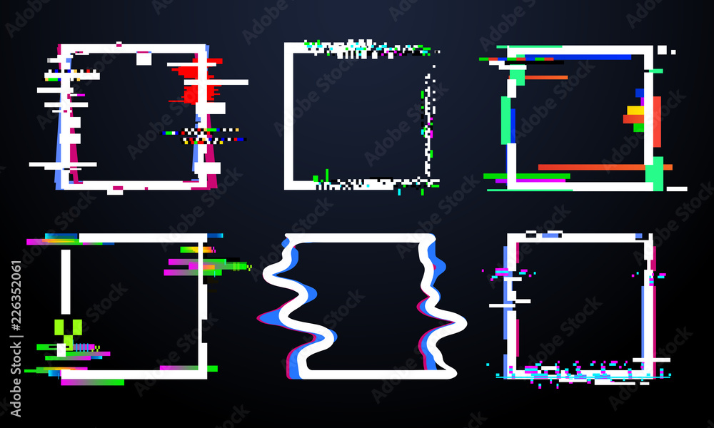 Poster glitch square frame. trendy glitched squares shapes, abstract dynamic geometry frames with noise gli