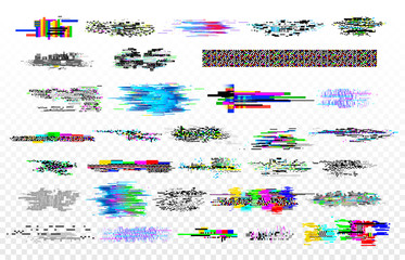 Modern glitch collection. Tv noise glitches, monitor signal decay and screen bug. Digital data glitched signals texture vector set - obrazy, fototapety, plakaty