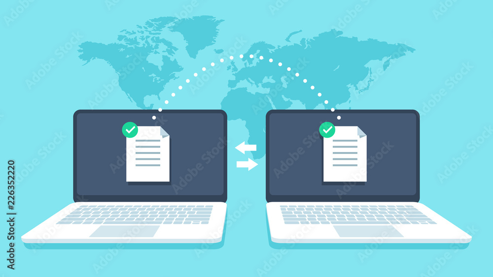 Poster notebooks file transfer. data transmission, ftp files receiver and notebook computer backup copy. do