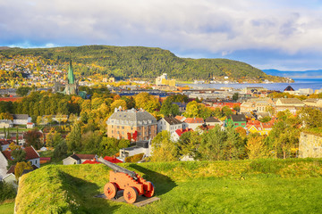 Fall in Trondheim, view of the Trondheim fjord, the cathedral Nidarosdomen and historical center of the city 
