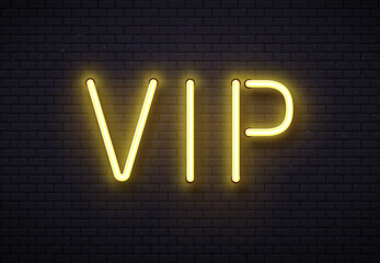 Vip neon sign. Elegant premium members club, luxury banner with golden fluorescent neons tube lamps on brick wall vector illustration - obrazy, fototapety, plakaty