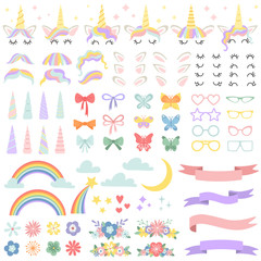 Unicorn constructor. Pony mane styling bundle, unicorns horn and party star glasses. Flowers, magic rainbow and head bows vector set © Tartila