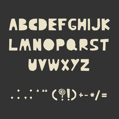 Carved alphabet and punctuation marks. Rustic font. Vector ABC