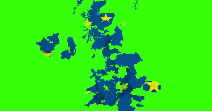 brexit blue european union EU flag on great britain map puzzle pieces falling down on chroma key green screen background, vote for united kingdom exit concept, with alpha channel