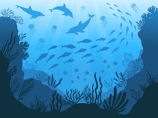 Underwater ocean fauna. Deep sea plants, fishes and animals. Marine seaweed, fish and animal silhouette vector background illustration © Tartila