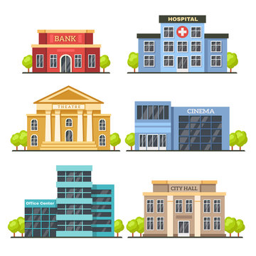 Flat city buildings. Contemporary office center, hospital facade and city hall building. Modern theater and cinema vector illustration