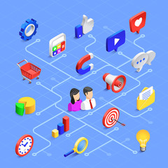 Social media isometric icons. Digital marketing communication, multimedia content or information sharing. Vector 3d icon set