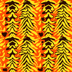 Vector illustration tiger print seamless pattern. Orange and yellow hand drawn background.