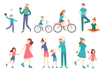 Sport family people. Couple with kids on fitness workout, cycling and play tennis. Sports lifestyle activities vector illustration