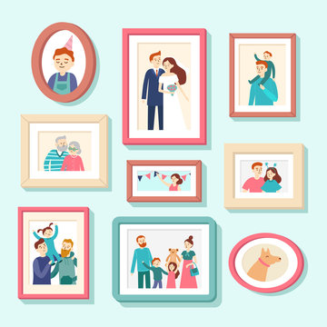 Family members portraits. Wedding photo in frame, couple portrait. Smiling husband, wife and kids photos in frames vector illustration