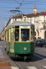Fototapeta na wymiar tram a torino in italia, streetcar in turin in italy