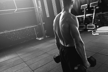 Man with a muscular back holding two heavy dumbbells