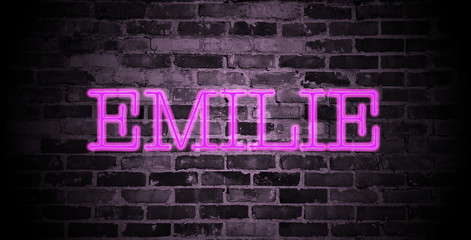 first name Emilie in pink neon on brick wall