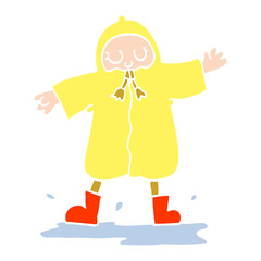 flat color illustration cartoon person splashing in puddle wearing rain coat