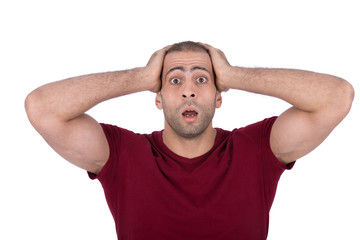 Fototapeta premium shouting man hands on head