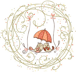 Bird couple under umbrella round floral
