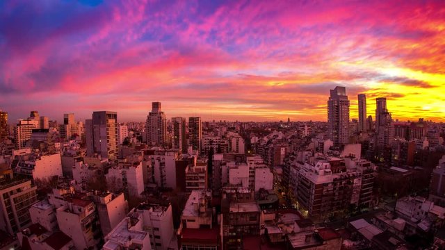 Time-lapse view on the skyline of the city as colorful clouds pass by in the light of the setting sun in Buenos Aires, Argentina.
