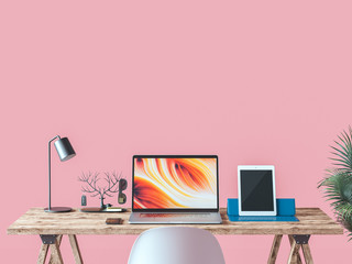 Working room and a work desk with a pink background. 3d render and illustration.