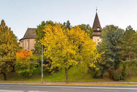 Avas Church and bell tower in Miskolc in autumn colors on top of Avas Hill