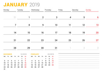 Calendar template for January 2019. Business planner. Stationery design. Week starts on Monday. 2 Months on the page. Vector illustration