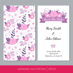 Colorful Wedding Invitation with Flowers, Vector Save the Date Cards EPS10.
