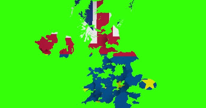 brexit half blue european union EU flag and half uk great britain united kingdom flag on great britain map puzzle pieces falling down on chroma key green screen background