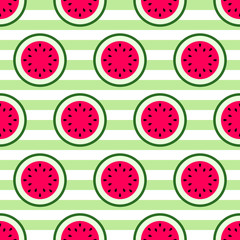 Cute seamless pattern with red watermelon on stripes green background. Vector wallpaper. Bright illustration for kids design.
