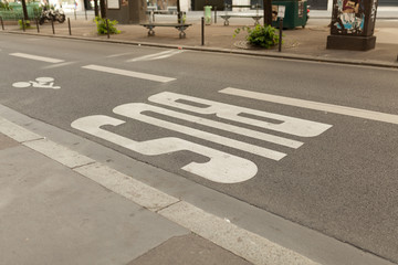Paris, France 02 June, 2018: Bus sign on the road