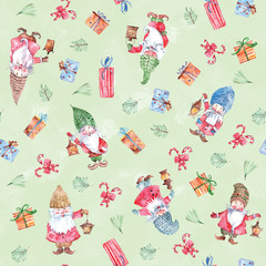 Watercolor Christmas seamless pattern with gnomes on light green background