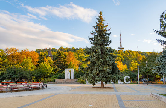Miskolc city center with Avasi Church and Avas TV-tower in autumn colors