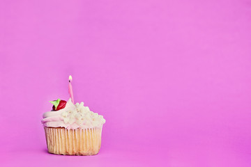 Pretty strawberry or cherry flavored frosted cupcake decorated with white chocolate shavings and one candle burning. Free space for copy text.