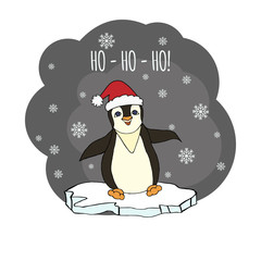 Christmas card with cute penguin Template for greeting scrapbooking, congratulations, invitations, stickers, planners.
