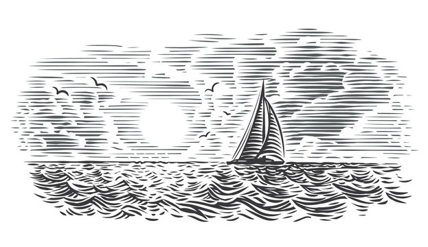 Sailboat/yacht in the sea engraving style illustration. Vector.