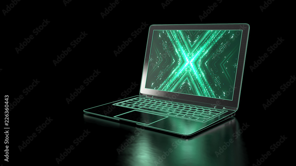 Poster internet crime concept. black laptop with a abstract protected code on dark background. digital neon