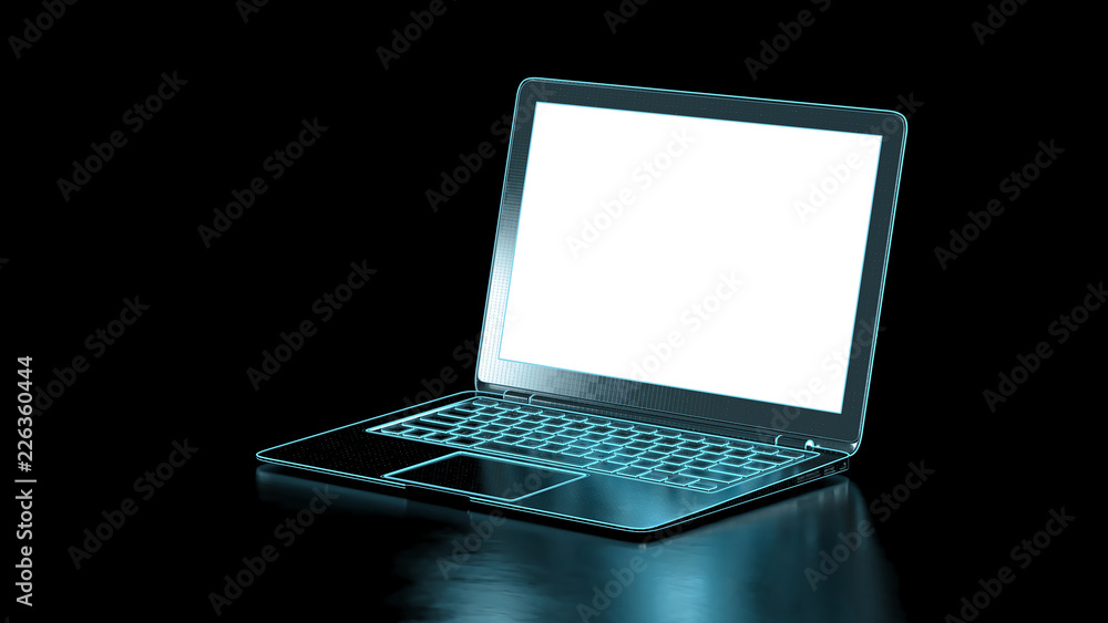 Poster black laptop with blue neon light on dark background. notebook with empty blank screen. computer tec
