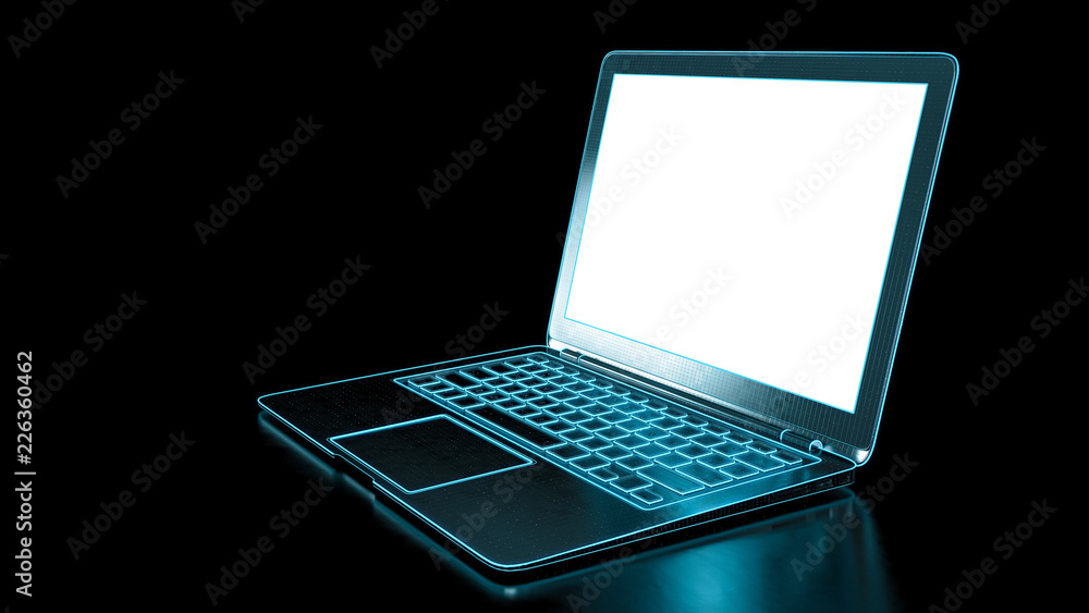 Poster black laptop with blue neon light on dark background. notebook with empty blank screen. computer tec