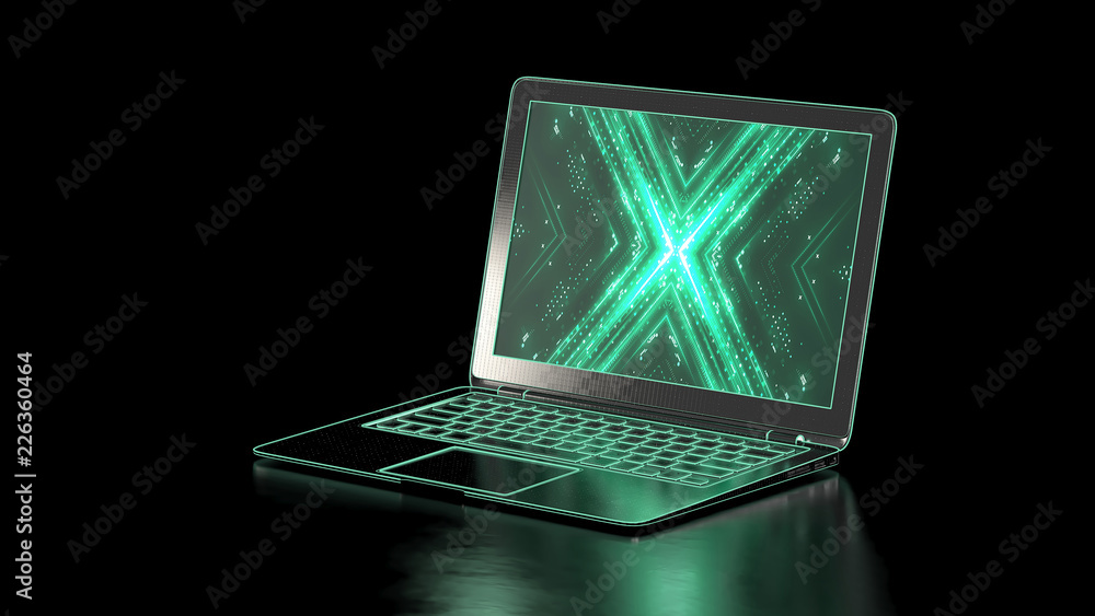 Aufkleber internet crime concept. black laptop with a abstract protected code on dark background. digital neon