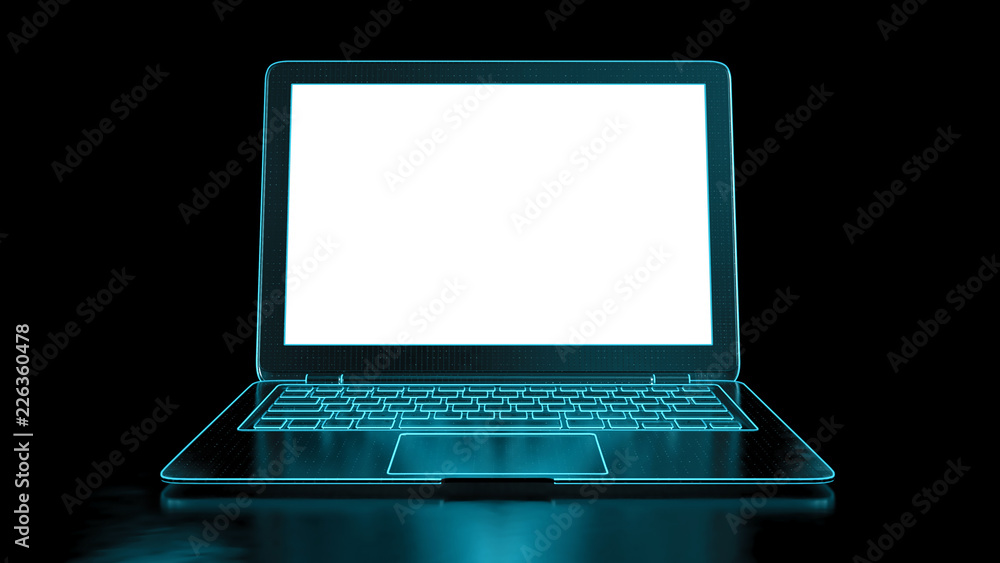 Poster black laptop with blue neon light on dark background. notebook with empty blank screen. computer tec