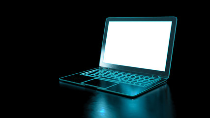 Black laptop with blue neon light on dark background. Notebook with empty blank screen. Computer technology and internet web communication concept. 3d Illustration