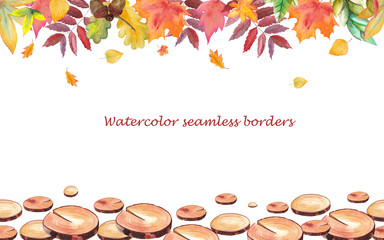 Two watercolor seamless frames of wooden cuts and autumn leaves on a white background handpainted