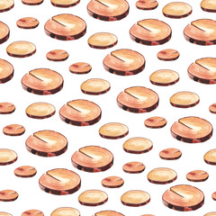 Watercolor seamless pattern of wooden cuts on a white and colored background handpainted