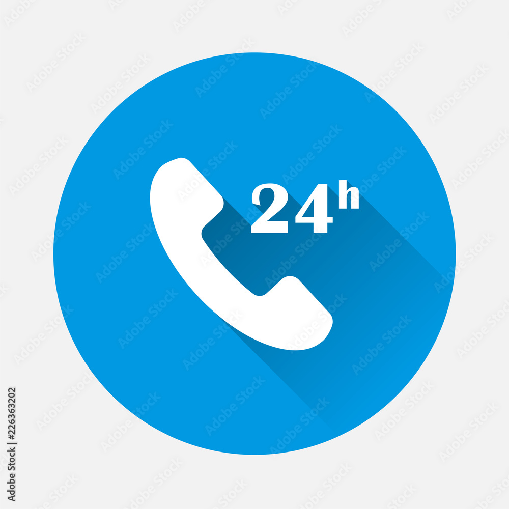Poster vector phone icon on blue background. flat imagesupport 24 hours a day with long shadow. round the c