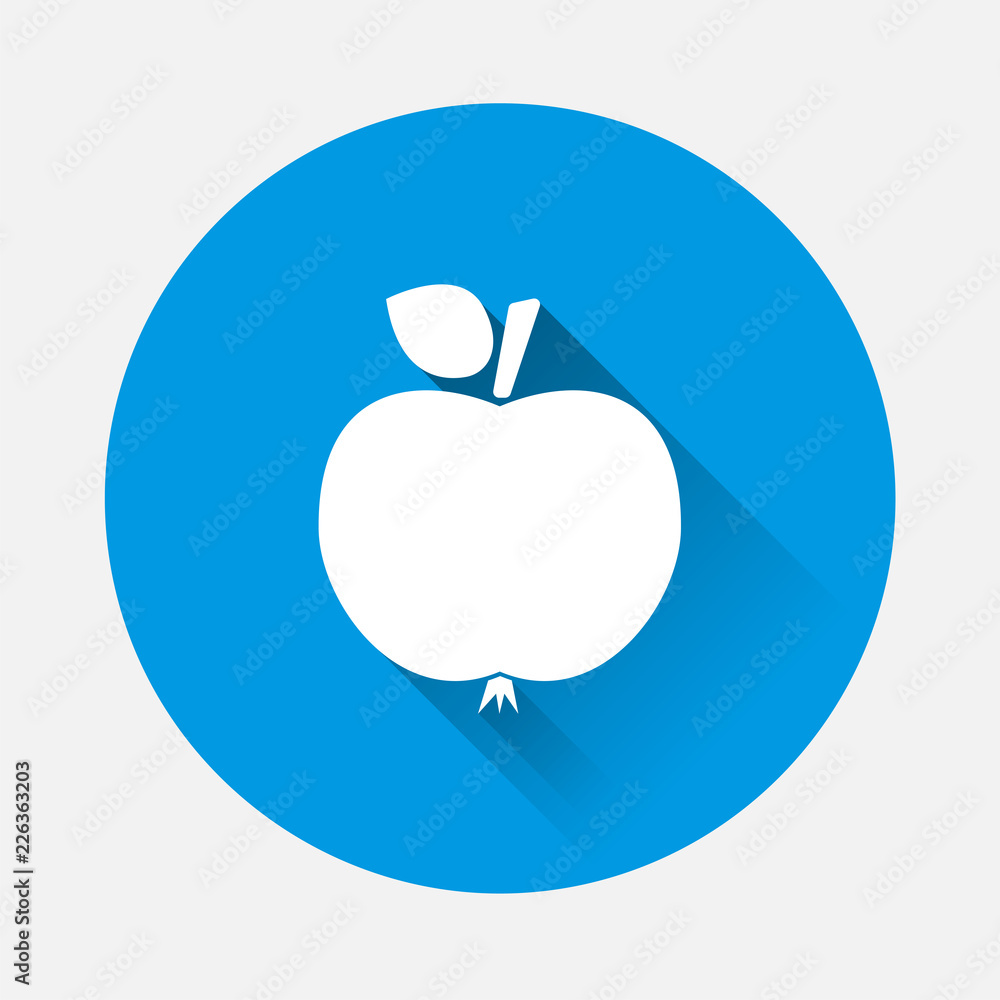 Poster apple vector icon on blue background. flat imageapple with long shadow. layers grouped for easy edit