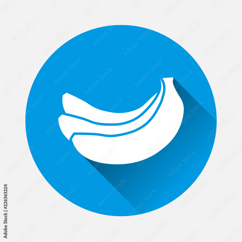 Poster vector banana icon on blue background. flat image sign banana with long shadow. layers grouped for e