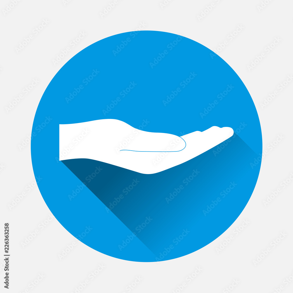 Poster vector hand icon on blue background. flat image flat hand design with long shadow. layers grouped fo