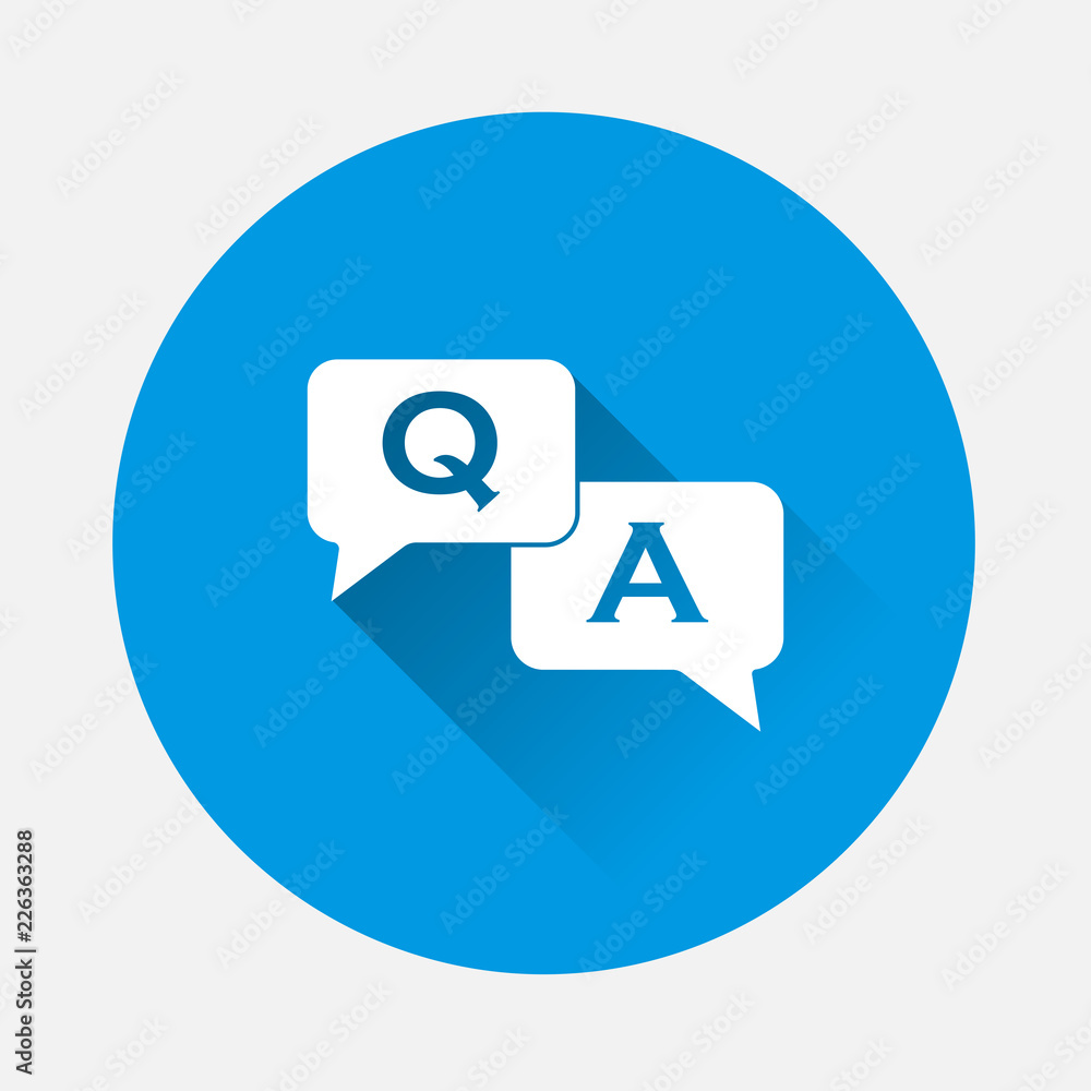 Poster question answer icon on blue background. flat image speech bubbles question and answer with long sha