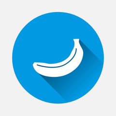 Vector banana icon on blue background. Flat image sign  banana with long shadow. Layers grouped for easy editing illustration. For your design.