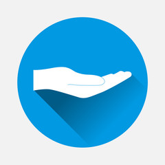 Vector hand icon on blue background. Flat image  Flat hand design with long shadow. Layers grouped for easy editing illustration. For your design.